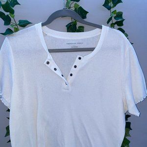 American Eagle White Quarter Button Ruffled Top